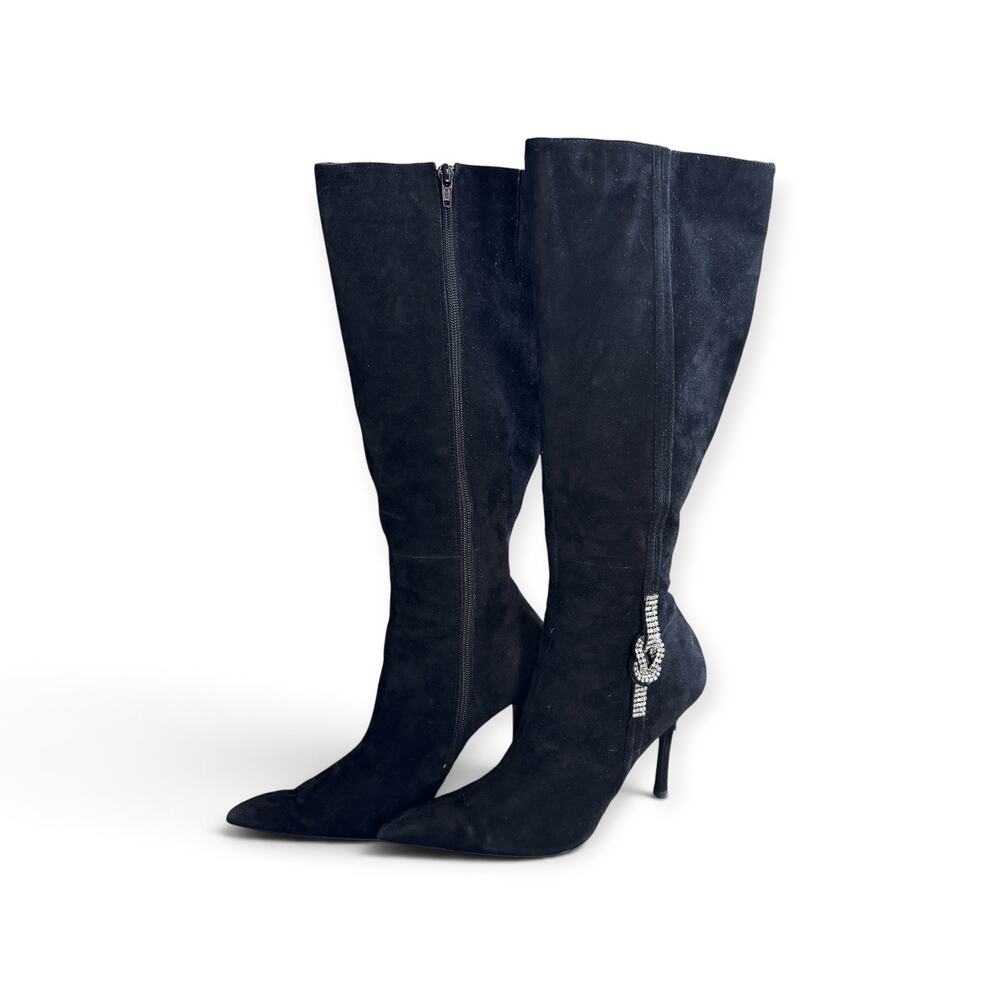 ALDO BLACK LEATHER POINTED TOE BOOTS W RHINESTONE DETAIL SIZE 38 IN ORIGINAL BOX